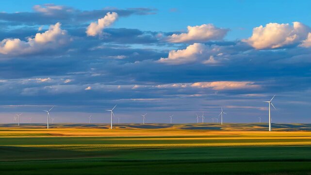 A row of wind turbines rising behind vast farmland, merging renewable energy with rural agriculture for a low-impact, eco-friendly landscape &mdash; green energy integration, sustainable farmland design,