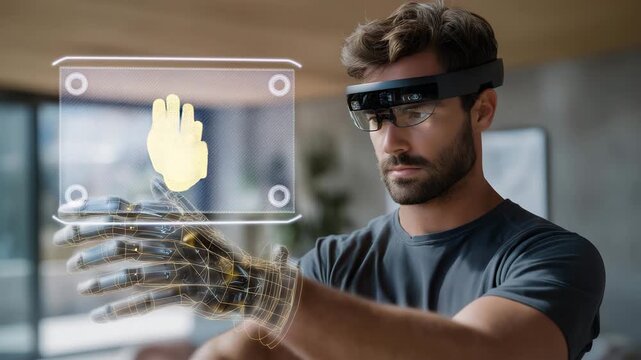 A robotics engineer reviewing a wire-frame exoskeleton design projected in AR, testing articulation points and stress areas through transparent simulated joints &mdash; robotic mobility design,