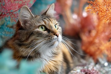 Portrait of a happy manx cat isolated in tranquil coral reef background.