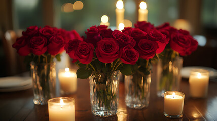 A romantic restaurant table with candles and a bouquet of red roses. Design banner template for Valentine's Day, dates, and engagements.