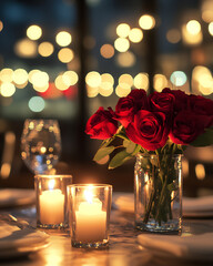 A romantic restaurant table with candles and a bouquet of red roses. Design template for Valentine's Day, dates, and engagements.