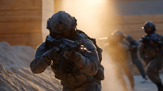 A special operations unit practicing coordinated room-entry movements in a training facility with foam walls and digital sensors &mdash; tactical teamwork, advanced movement training, and