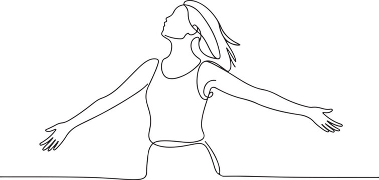 Continuous line art or One Line Drawing of a woman stretching arms is relaxing picture vector illustration