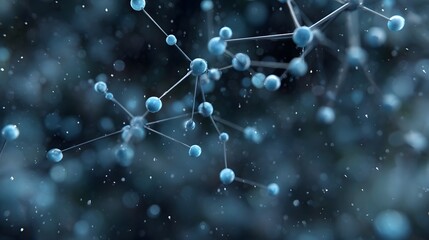 Abstract molecular structure with interconnected blue spheres and lines against a dark blurred background with bokeh