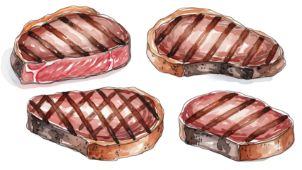 Grilled steaks displayed on a white background with varying levels of doneness and grill marks