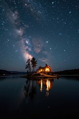 Beaver lodge island sitting in the middle of a calm lake under a starry night sky