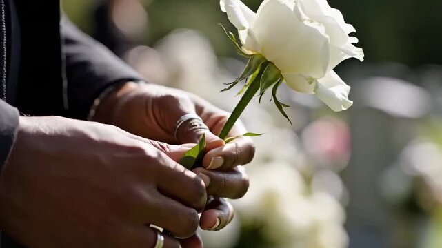 Close-up of African American hands holding a white rose at a funeral. Man in a black suit mourning the loss of a loved one in a cemetery. Grief and remembrance concept