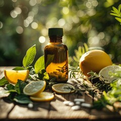 realistic photo of a vitamin bottle on a wooden table outdoors, morning sunlight natural aesthetic