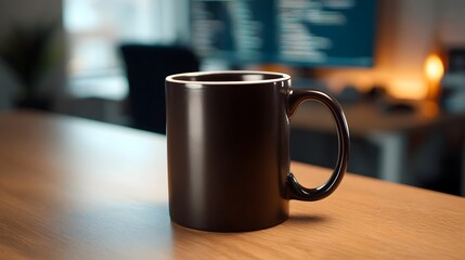 A dark coffee mug rests on a wooden desk in a softly lit office with a computer screen displaying code