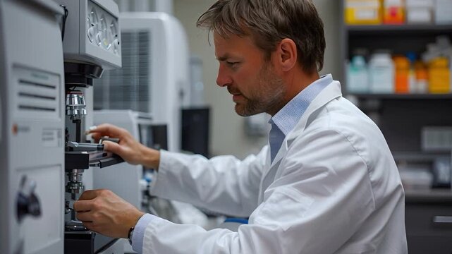 A scientist is focused on using laboratory equipment for research. The setting is a busy lab filled with various tools and supplies. This scene takes place during working hours on a weekday