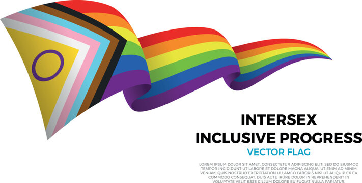 Flag of the Intersex Inclusive Progress community, pride flag part of the LGBTQ community. Shining flag with realistic shadows waving in three layers. The curves and shading create a sense of motion