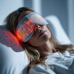 woman wearing a sleek white LED face mask, highlighting advanced skincare technology against a minimalist background with vibrant neon accents. This modern aesthetic conveys innovation, self care, and