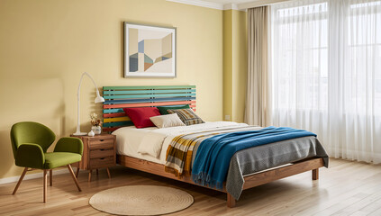 Cozy bedroom interior with a colorful headboard and comfortable bedding, AI generated image