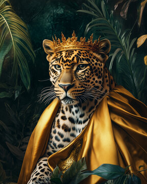 Royal portrait of a leopard wearing a golden crown and cape in lush jungle foliage, luxurious fantasy wildlife artwork symbolizing power and elegance