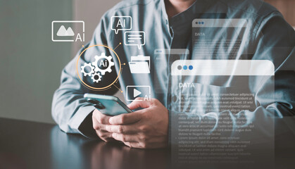 The concept of an AI agent envisions mobile-savvy personnel interacting with a virtual AI interface to control data analysis, automation, and intelligent processes, signifying digital transformation.