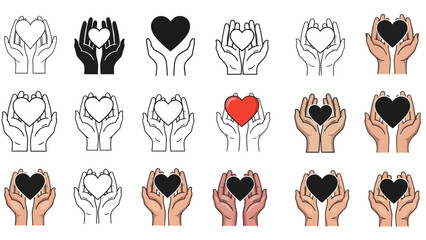 Hands holding heart vector icons set. Love and care symbols.