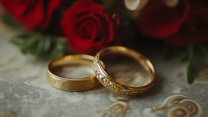 Pair of gold wedding rings with red roses in background. Marital bond and commitment concept. Engagement, Valentine's Day.