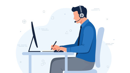 Customer service representative wearing headset working on computer at desk, business illustration