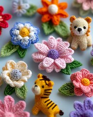 A collection of small, cute crochet flowers and tiny amigurumi animals arranged artistically. 