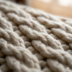 A close up shot a chunky knit wool texture, intricate cable stitch pattern in cream white color. 