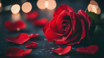 A close-up of a red rose on a dark table. Banner template for romantic posters for Valentine's Day, dating, wedding style, engagement, and passion with space for text.