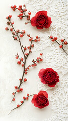 Red rose and berry sprigs on white lace background for Valentine's Day. Romantic floral arrangement for holiday card or love celebration concept.