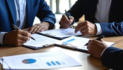 Business Professionals Engaged in Collaborative Meeting Analyzing Charts and Data Reports on Table in Modern Office Setting