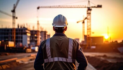 Construction Worker Overseeing Building Site at Sunset with Cranes in Background Reflecting Hard Work and Architectural Development in Urban Area
