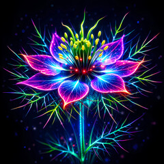 Glowing Neon Nigella &ndash; Surreal Magenta-Blue Bloom with Spiky Filaments & Cosmic Glow on Starry Void