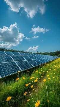 Large solar panels are positioned in a green field filled with yellow flowers. The sun shines brightly above. This scene shows renewable energy in nature