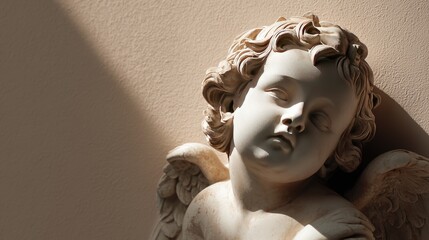 `A serene cherub sculpture symbolizing continuous improvement, resting peacefully against a textured beige wall in soft natural light.`