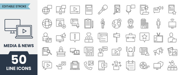 Media and news line icons set with editable stroke. Contains icons related to newspaper, magazine, tv, radio, news, broadcasting, promotion, press and more. Vector illustration