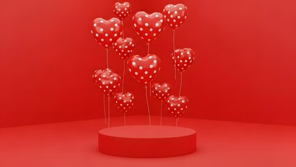 A cluster of red heart-shaped balloons with white polka dots