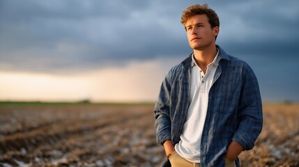 A farmer standing in a devastated crop field after a brutal hailstorm, plants shredded and ice pellets scattered across ruined soil — agricultural devastation, climate impact, and rural economic