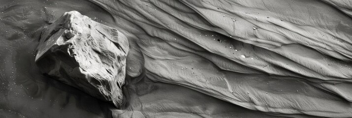 Contrasting textures of soft sand and weathered rocks creating a harmonious blend of smooth and rough. Black and white art