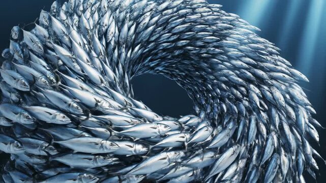 Abstract conceptual animation of a tightly packed silver fish shoal creating an infinitely looping pattern of fluid energy and collective motion marine, fish, tightly