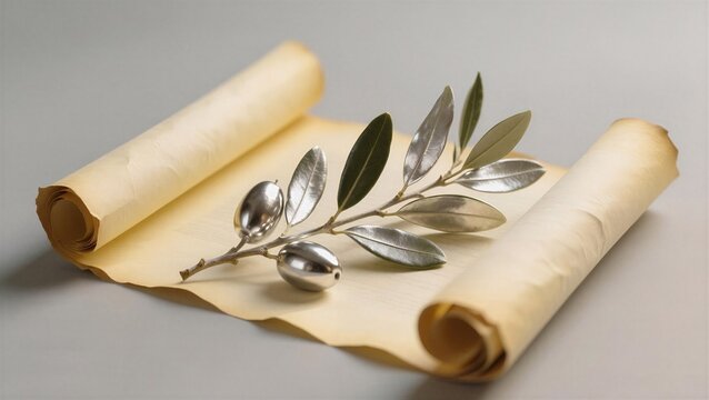 A silver olive branch with olives rests on an ancient parchment scroll, evoking peace and wisdom, expressed in a serene and timeless composition. Used for themes of diplomacy, history, or tranquility.