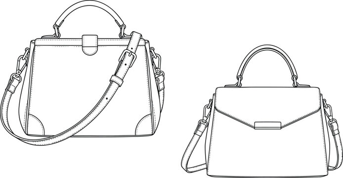 Handbag technical sketch, top handle bags, detachable strap, flat vector, fashion design, flap closure, buckle detail, product illustration