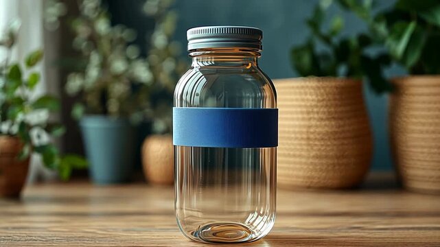 A clear glass bottle with a blue label sits on a wooden table, plants in the background.