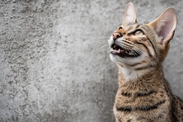 Portrait of a happy savannah cat in bare concrete or plaster wall.