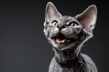 Portrait of a smiling devon rex cat in front of blank studio backdrop.