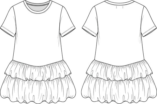 Girls short sleeve ruffle dress technical fashion flat sketch, front back view, kids apparel vector illustration design template outline mockup