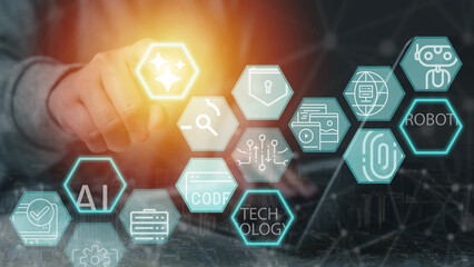 A businessman hand touching a glowing hexagon on a virtual digital interface featuring icons for coding, robotics, and data security, artificial intelligence and digital transformation for innovation