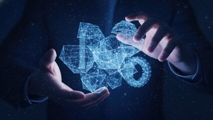 Futuristic digital hologram of a hand holding an abstract interconnected network structure with glowing lines and nodes, representing technology and innovation