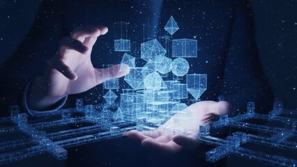 Futuristic digital hologram projection of interconnected technology icons and data symbols emerging from smartphone or tablet in a high-tech concept scene