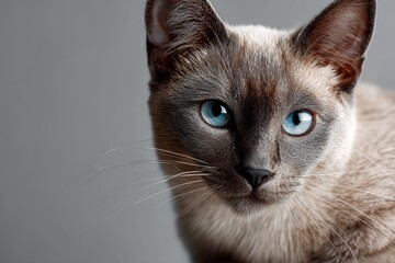 Portrait of a cute colorpoint shorthair cat over blank studio backdrop.