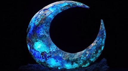 Luminous Blue Crescent Moon Artwork on Dark Background