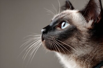Portrait of a cute colorpoint shorthair cat in front of blank studio backdrop.
