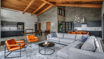 Spacious modern living room with open concept kitchen and dining area, AI generated image