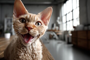 Portrait of a smiling devon rex cat isolated on empty modern loft background.